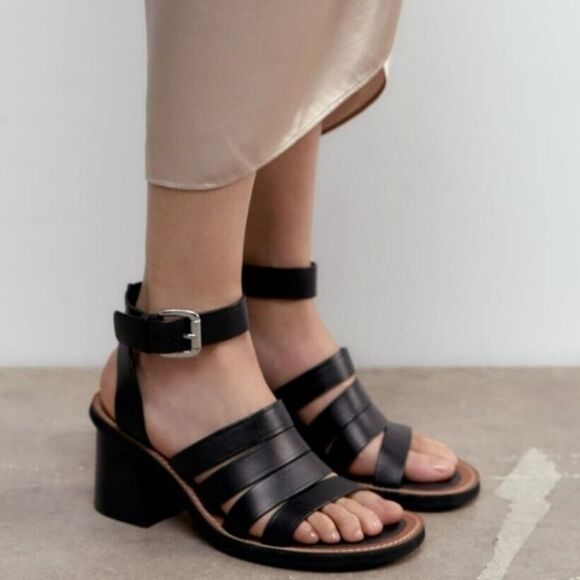 Zara Black Leather Strappy Block Heels Womens Shoe Size EU 36 US 6 - Picture 1 of 15